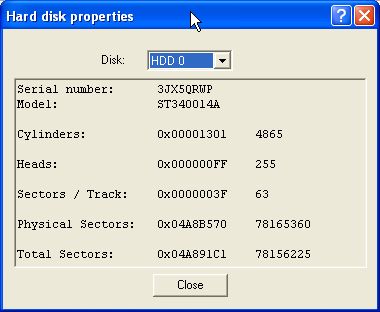 Hard disk properties.